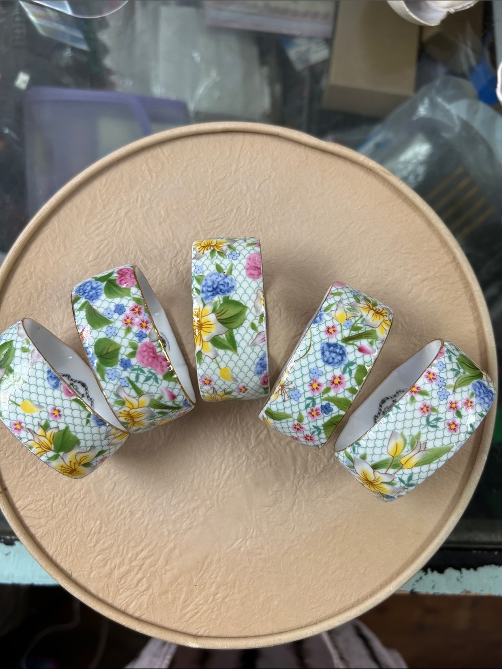 Vintage Two’s Company Floral Porcelain Napkin Rings - Set of 5